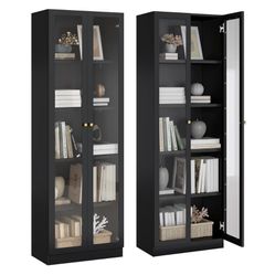 Black Bookshelf with Doors and Adjustable Shelves, 5-Tier Tall Bookcase, 70.5" 23.5”15.75”Modern Display Cabinet, 