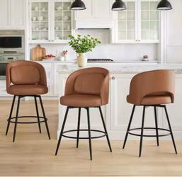 Brown Leather Pillow Back 360° Swivel Counter Stools – Set of 3