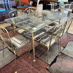 Gold Ornate Dining Set Glass Top with 4 Chairs