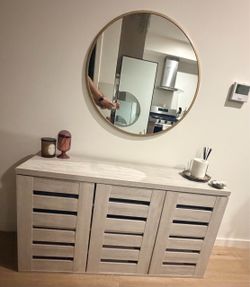 GREY CABINET STORAGE WITH ROUND MIRROR