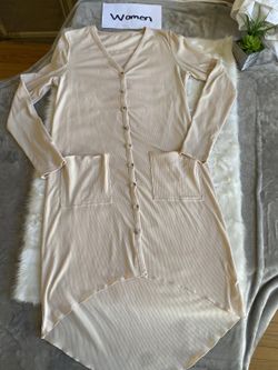 Beige Button-Up Long Sleeve Cardigan Dress Women’s Small