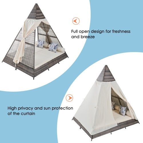 GO 90.5 Length Outdoor Sunbed With Colorful Pillows, Wicker Patio Daybed With Cushions, Tent Shape, Brown and Beige