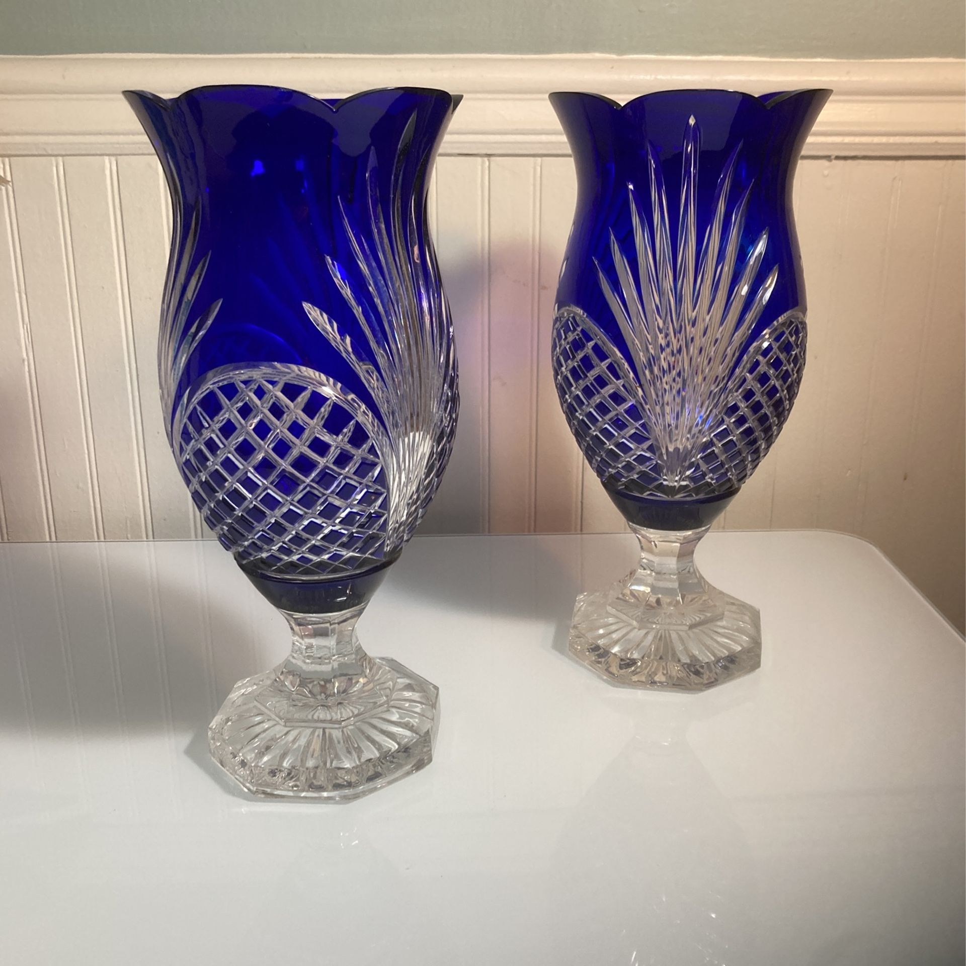 Pair Of Large Bohemian Cobalt Cut Crystal Vases