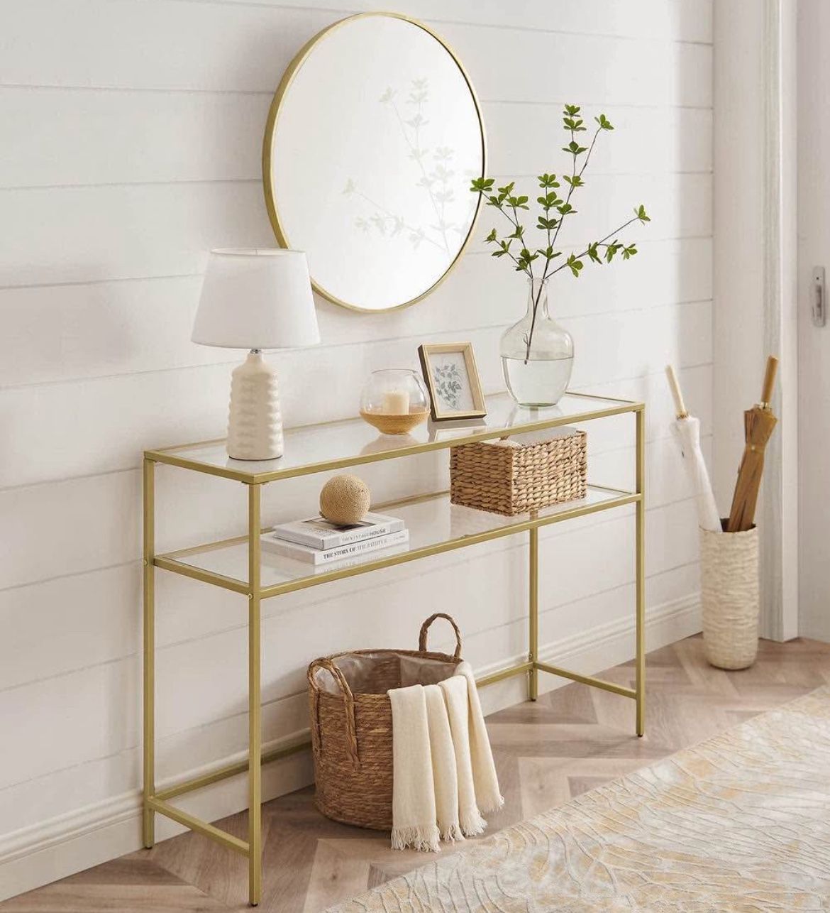 47.2 Inch Console Sofa Table, Modern Entryway Table, Tempered Glass Table, Metal Frame, 2 Shelves, Adjustable Feet, for Living Room, Hallw