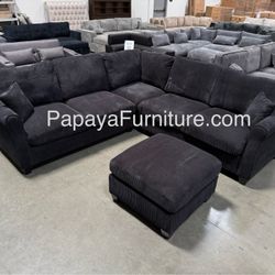 New! Black Sectional Sofa And Ottoman, Black Couch, Black Corduroy Sectional. L-Shaped Sofa, Couch, Sectionals, Black Sofa, Black Sectional,Plush Sofa