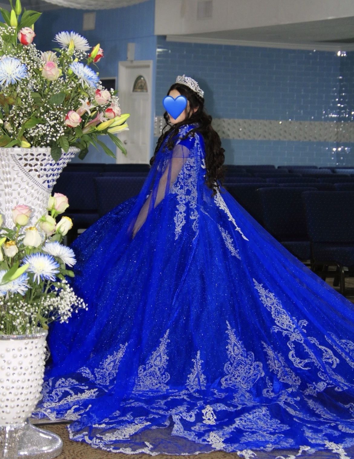 Sapphire Blue (Royal Blue ) Glitter Quinceñera Dress With Train & Long Cape