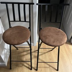 Set of 2 Folding Bar Stools - Black Metal with Brown Suede Seats