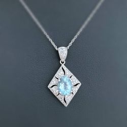 Jewelry 10k solid white gold Pendant natural diamonds 0.30CTW diamonds aquamarine 1.5CTW triangle charm