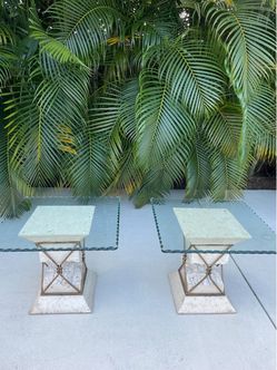 Travertine Stone Wrought Iron Glass Top Side Tables