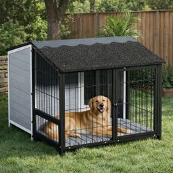46"L 2-in-1 Wooden Aluminum Outdoor Dog House with Run  worth $340