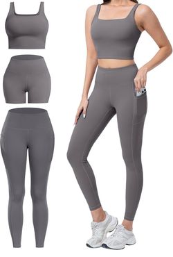 3 Piece Workout Exercise Yoga Set: Sport Bra, Shorts, Leggings Gray