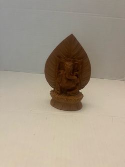 Vintage Hand Carved Wood Ganesha Statue Leaf Backing Hindu Elephant God Idol