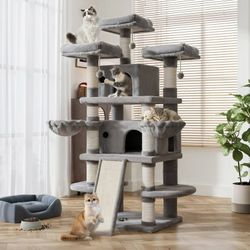 68" X-Large Cat Tree and Tower for Indoor Cats, Condo House with Scratching Board & Thick Posts, Gray