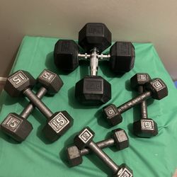 SET OF 4 CAST IRON DUMBBELLS 💪 5/8/15/25 LB TOTAL 8 PIECES IN GREAT CONDITION 