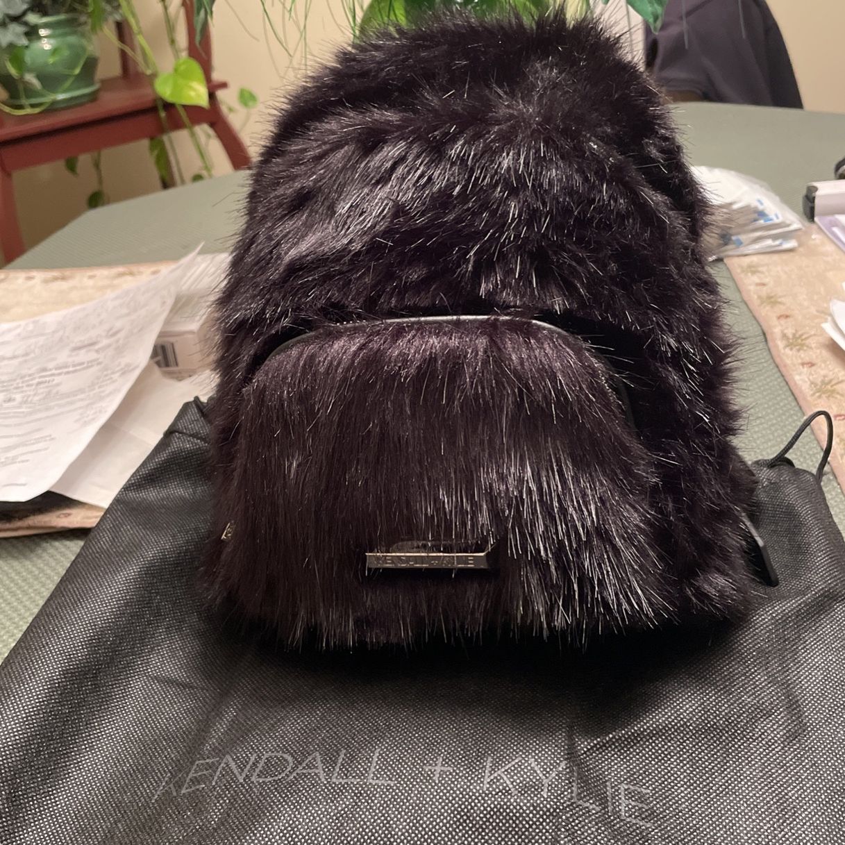 Kendall And Kylie Mini Black Faux Fur Backpack Purse