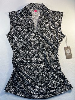 Vince Camuto Women’s M Black/White Sleeveless Blouse Top V-Neckline Side-ruched Abstract NWT