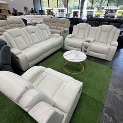 Premium White Modern Power Recliner 3Pcs Set with Bluetooth Speaker and LED Lights 