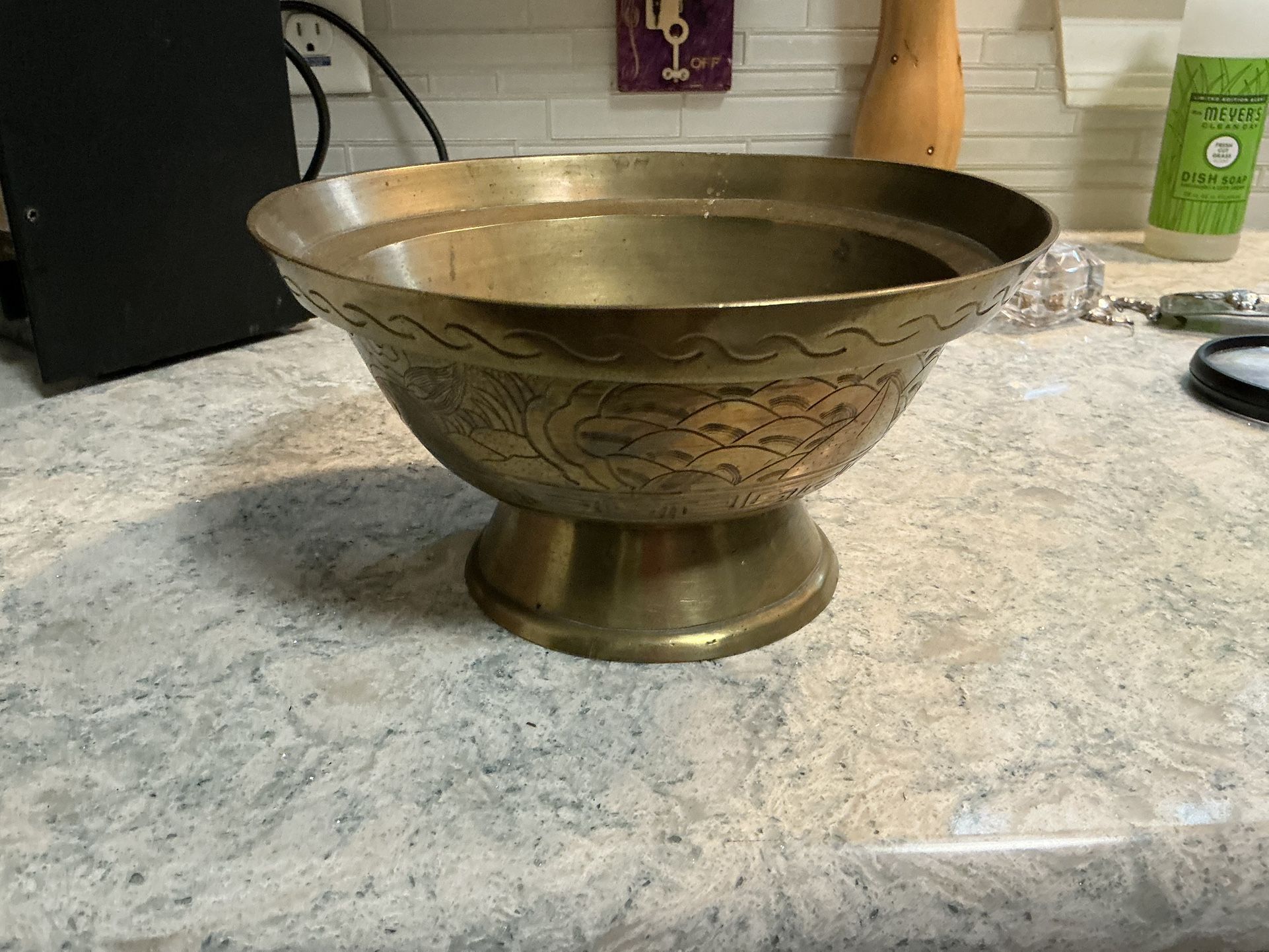 vintage or antique Chinese brass pedestal bowl