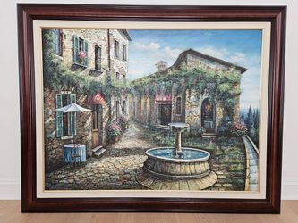 Large Framed European Village Painting