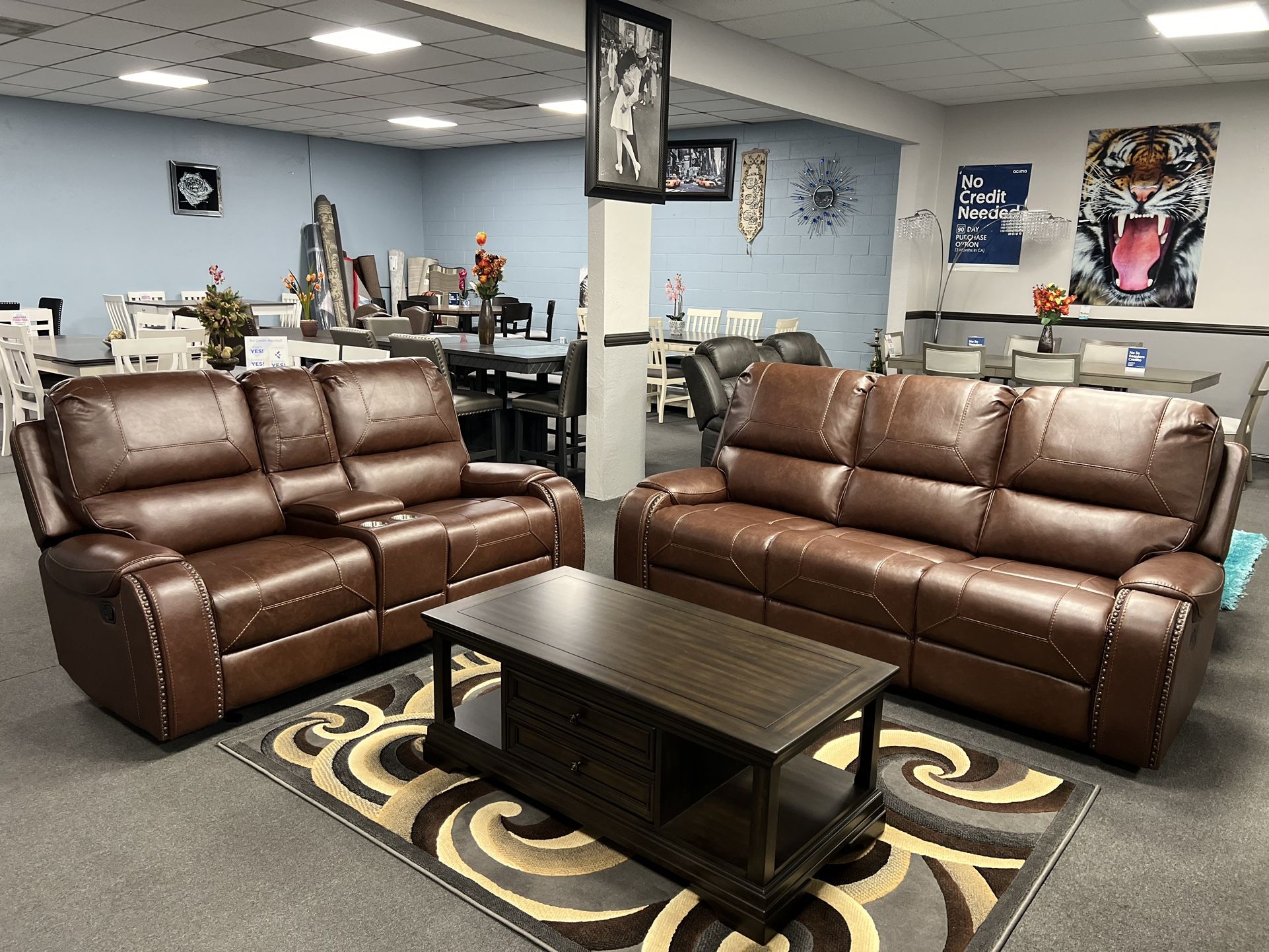 2PC Brown Leather Sofa & Loveseat
