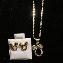 Mickey Mouse 14K Gold Plated Chain+Pendant And Earrings 