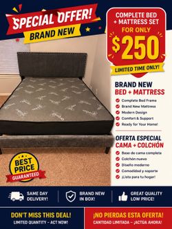 🔥 SPECIAL OFFER 🔥  Brand New Bed + Mattress Set Only $250  ✅ Complete Bed Frame ✅ Brand New Mattress ✅ Modern Design ✅ Limited Time Offer  Don’t mis