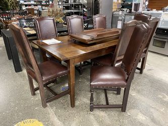 METROPOLIS Solid Wood & Leather Dining Set w/ 8 Chairs & 2 Leaves