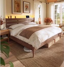 🚨KING  Bed Frame with Headboard, LED Lights, Charging Station, Storage Shelf, Coffee Brown R-5