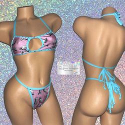 EXOTIC DANCE/ CLUB/ RAVE WEAR: CUSTOM BLUE & PINK 2 PIECE SET WITH RHINESTONES