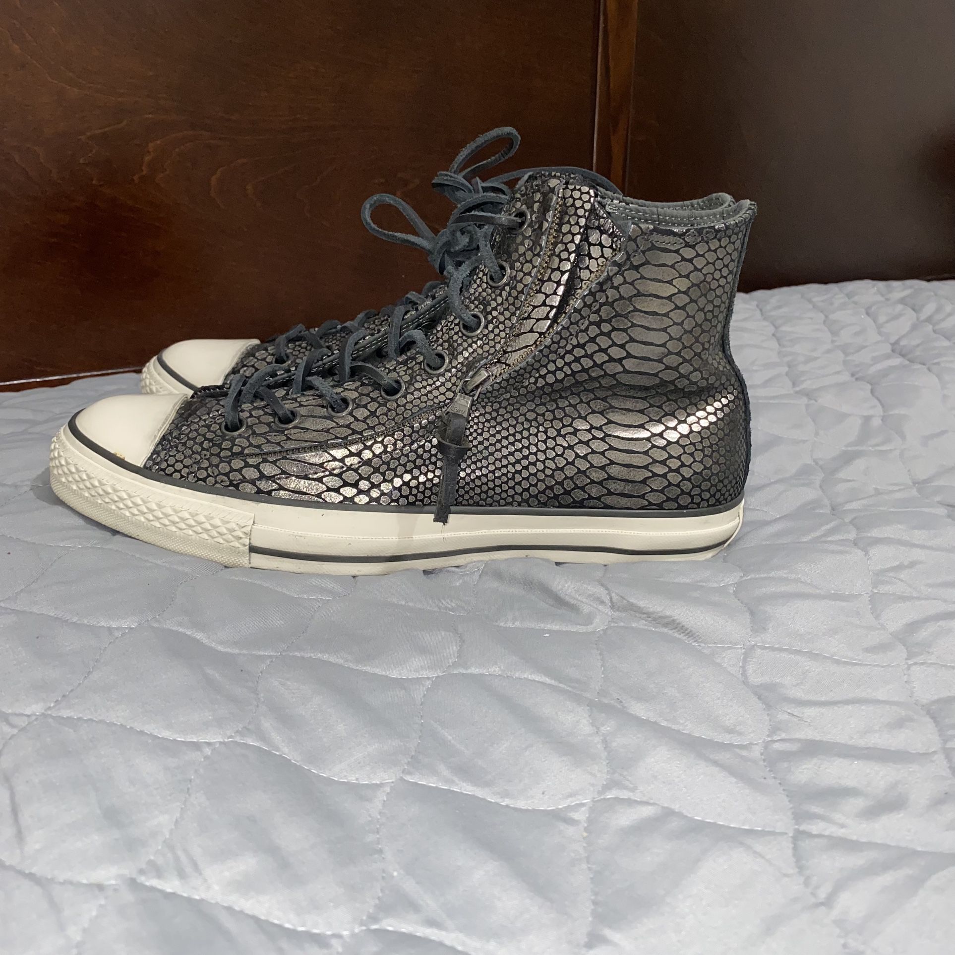 Converse Taylor All Star John Varvatos Silver & Snake Skin Design Sneakers With Zippers And Full Lace Up!! SZ: Men's 10/Women's 12! for Sale in El Paso, - OfferUp