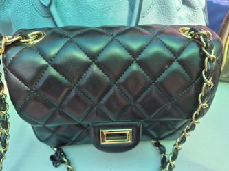 Black Quilted Leather Flap Bag with Gold Chain