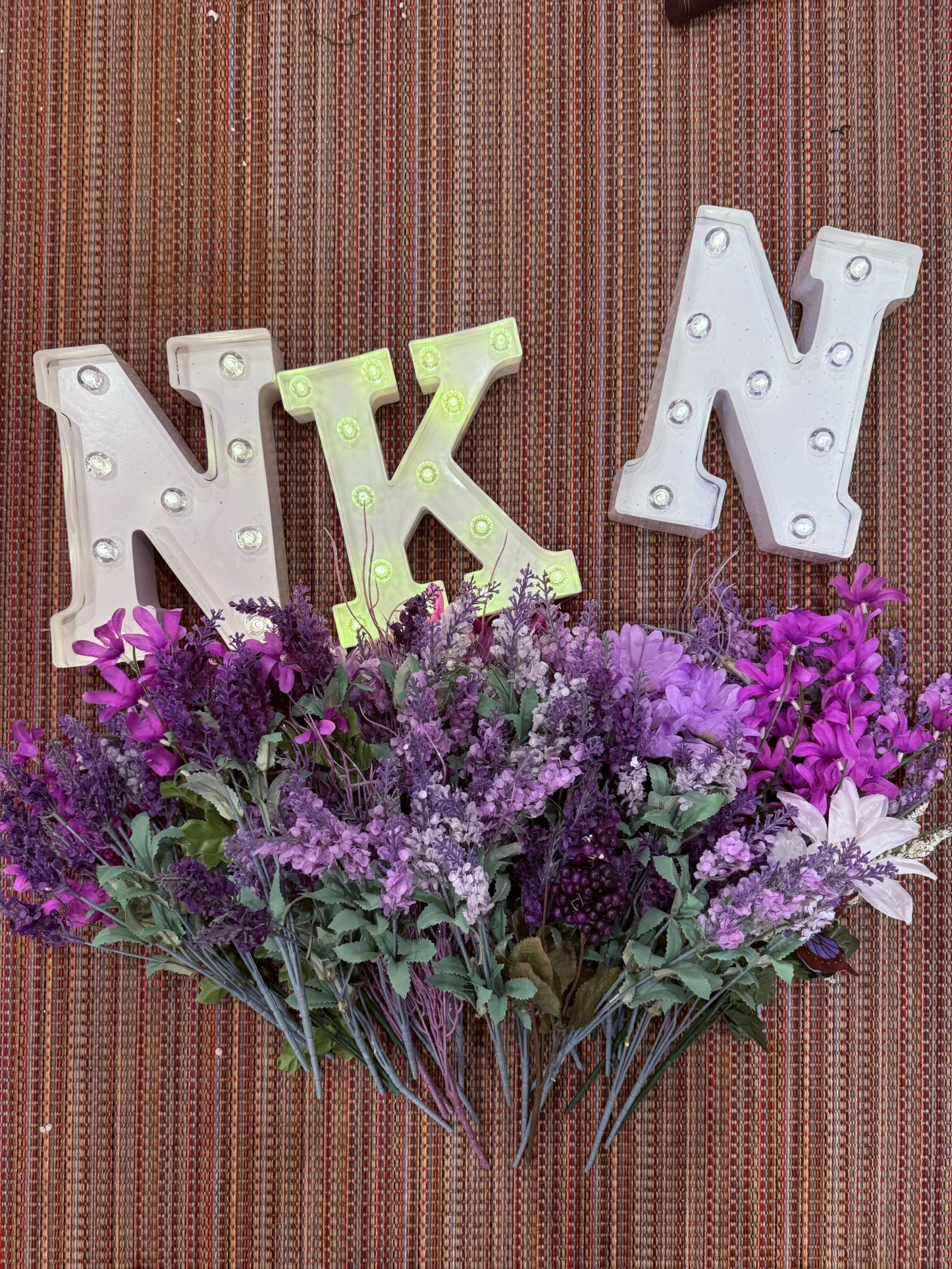 Purple/Lilac artificial flowers & Letters N/K- Party Decor