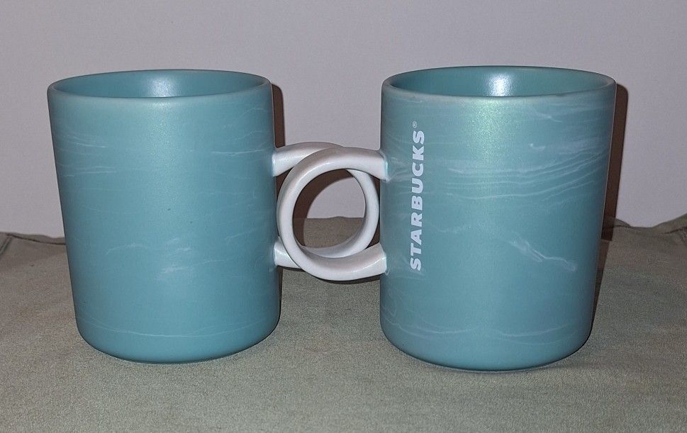 Starbucks 2019 Blue Green Teal Mint Cloud Marble Shimmer Mugs, Sold As A Pair-$20.00