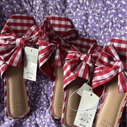 Women's Scarlet Gingham Bow Flat Sandals - A New Day™ Red