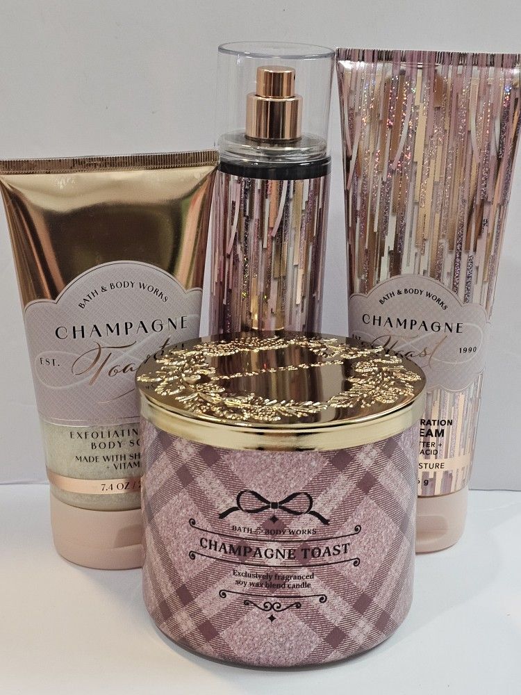 New Bath & Body Works CHAMPAGNE TOAST body scrub lotion perfume & bow candle retail $84