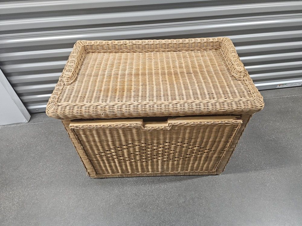 Vintage Boho Chic Coastal Wicker Rattan Drop Front Record Storage Cabinet Table