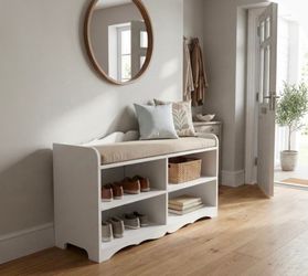 White Wooden Entryway Storage Bench