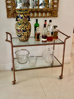 Great vi rage faux bamboo bar cart with glass shelfs