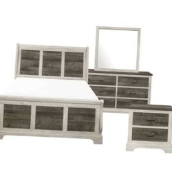 Bedroom Set Farmhouse Style White Gray Queen Set NEW 4 PIECES