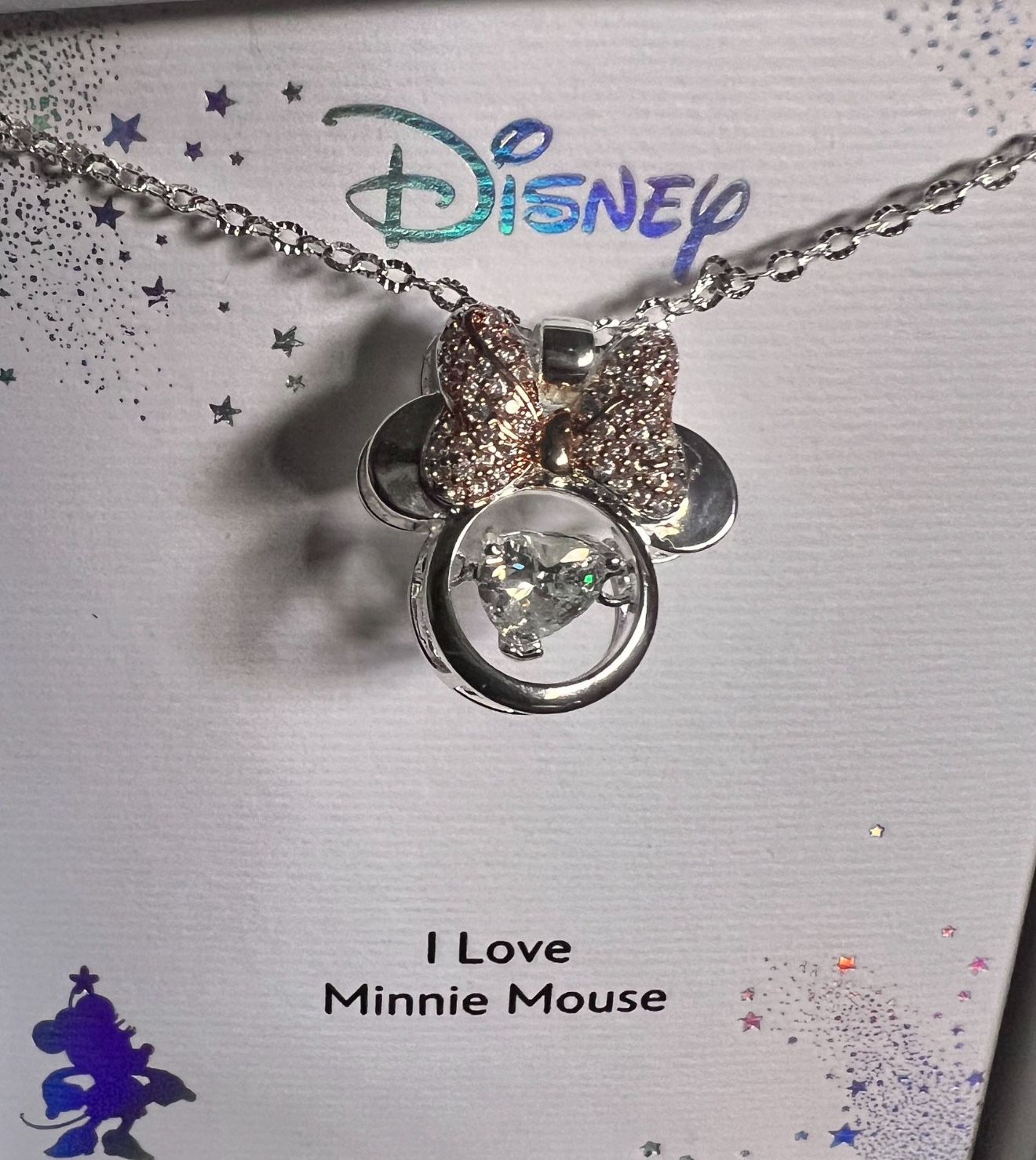 Disney I Love Minnie Mouse Silver Necklace with Sparkly Heart Shaped Diamond Charm