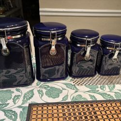 Set of 4 Vintage Colbalt Blue Ceramic Ginger Jar Canisters (Tools of the Trade)