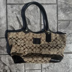 Vintage Coach Bleecker Tote Bag in Tan Brown Signature Canvas, Black Leather Trim, and Gold Accents