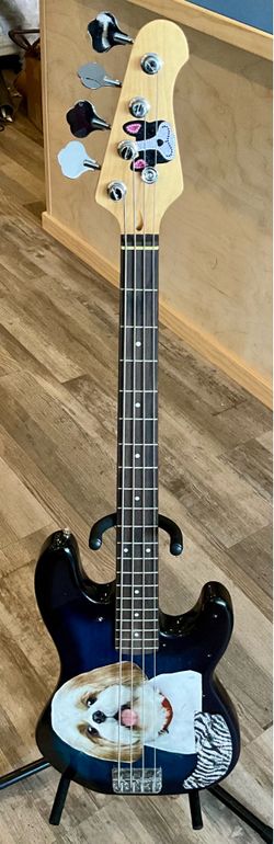 4-String Bass Guitar - Black/Blue Fade w/ Puppy Design