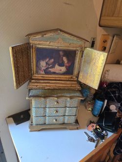 Vintage Spanish Revival miniature armoire jewelry box