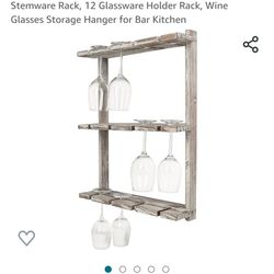 Brand New Still In Box.   MyGift Wine Glass Rack - Wall-Mounted Torched Wood Stemware Rack, 12 Glassware Holder Rack, Wine Glasses Storage Hanger for
