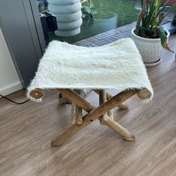 Wooden Folding Stool with Genuine Cowhide Seat