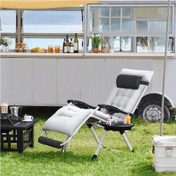 29in Zero Gravity Recliner with 8cm Padded Cushion for Autumn and Winter, XL Outdoor Folding Lounge Chair with Headrest Cupholder/ Footrest
