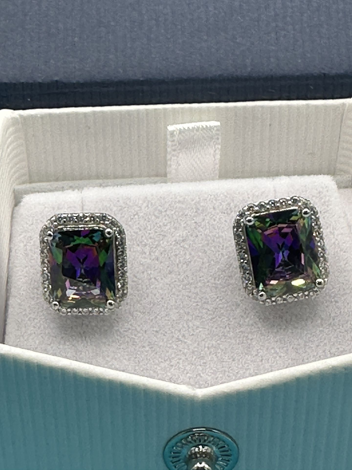 New Radiant Cut 7.35 Ct Mystic Topaz Earrings Rectangular Shaped Weighs 5.57 Grams Pristine 