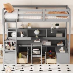 Grey Twin Size Loft Bed with Desk