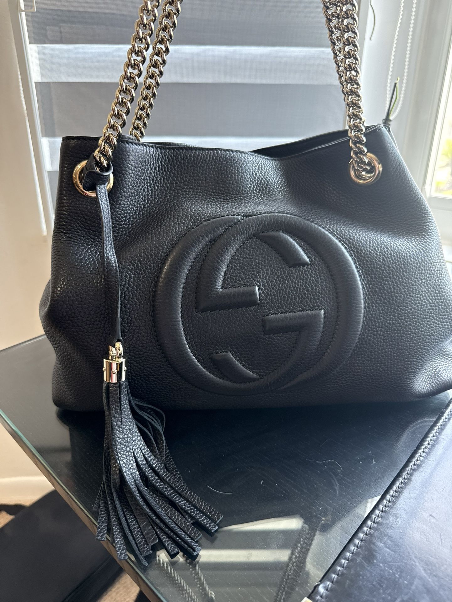 Gucci Soho Medium Black Double Leather Chain Shoulder Bag Tote Black Gold